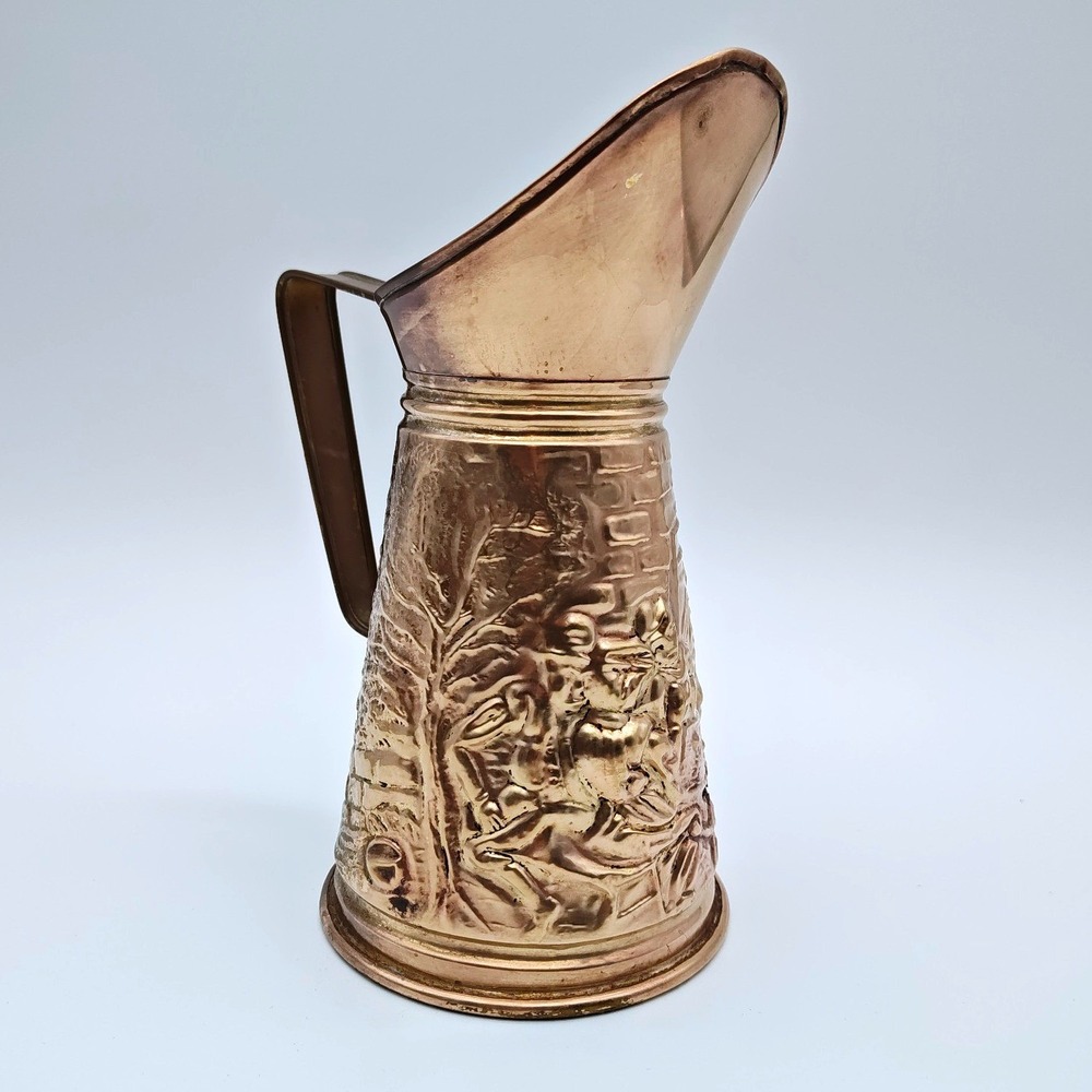 Vintage Brass Pitcher Made in England‎ Embossed Figural Scene Rustic Decor AS-IS